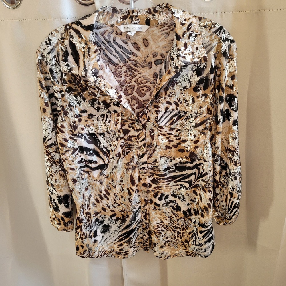 Vintage Animal Print Womens Button Up Top Medium Metallic Foil Safari Mob 21721